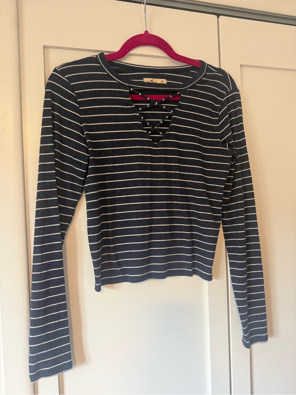 Hollister Navy and White Lace-Up Striped Long Sleeve Top